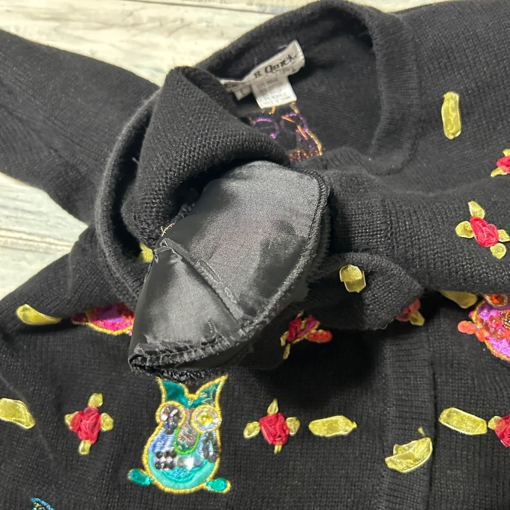 Jack B. Quick Owl Cardigan Sweater Large Black Embellished Bird Granny Grandma - Picture 8 of 9